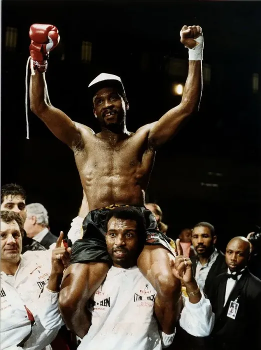 Framed Print : Nigel Benn Boxer Being lifted on the shoulders of Ambrose Mendy after beating Robbie Framed Print : Nigel Benn Boxer Being lifted on the shoulders of Ambrose Mendy after beating Robbie