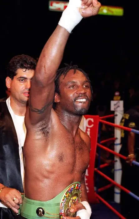 Framed Print : Nigel Benn celebraters his victory over Vincenzo Nariello in defence of his WBC super Framed Print : Nigel Benn celebraters his victory over Vincenzo Nariello in defence of his WBC super