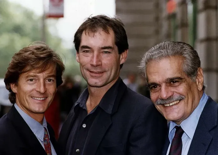 Framed Print : Nigel Havers Timothy Dalton and Omar Sharif in the new programme for SKY TV Red Eagle