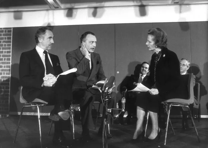 Framed Print : Nigel Hawthorn, Paul Eddington and Margret Thatcher in a sketch from the Television