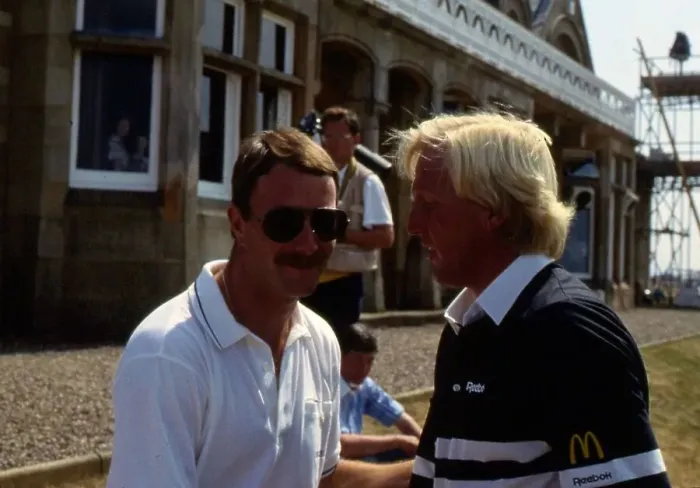 Framed Print : Nigel Mansell with Greg Norman July 1989 Framed Print : Nigel Mansell with Greg Norman July 1989