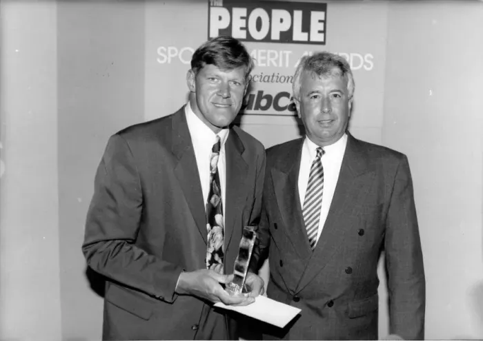 Framed Print : Nigel Spink (left) Aston Villa Goalkeeper at the Sports Merit Awards August 1991