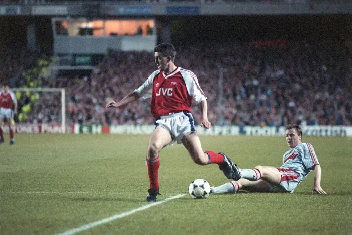 Framed Print : Nigel Winterburn footballer for Arsenal 1990 in a match against Liverpool