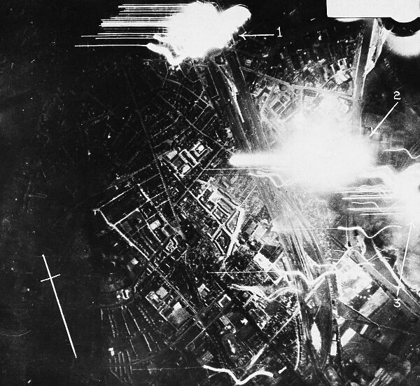 A night photograph taken from a RAF bomber while making a heavy attack upon Munster. 1
