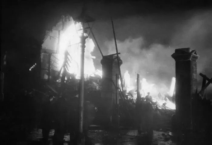 Framed Print : Night rescue scene by search light after a V bomb in Southern England. December 1944 Framed Print : Night rescue scene by search light after a V bomb in Southern England. December 1944