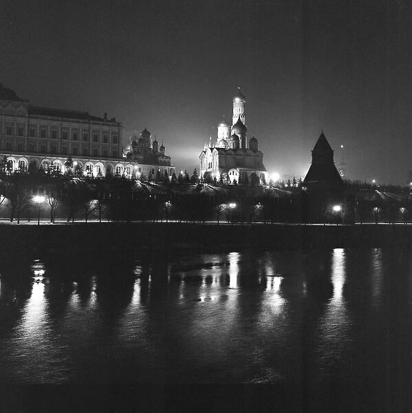 Night shot of the Kremlin with the Cathedral of St. Basil floodlight
