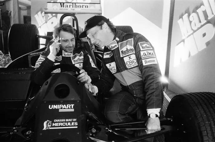 Framed Print : Niki Lauda and John Watson with the new MP4  /  1C Marlboro McLaren car, Woking, Surrey