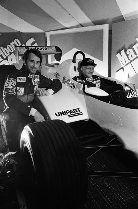 Framed Print : Niki Lauda and John Watson with the new MP4 / 1C Marlboro McLaren car, Woking, Surrey Framed Print : Niki Lauda and John Watson with the new MP4 / 1C Marlboro McLaren car, Woking, Surrey