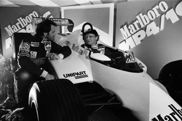 Framed Print : Niki Lauda and John Watson with the new MP4 / 1C Marlboro McLaren car, Woking, Surrey Framed Print : Niki Lauda and John Watson with the new MP4 / 1C Marlboro McLaren car, Woking, Surrey