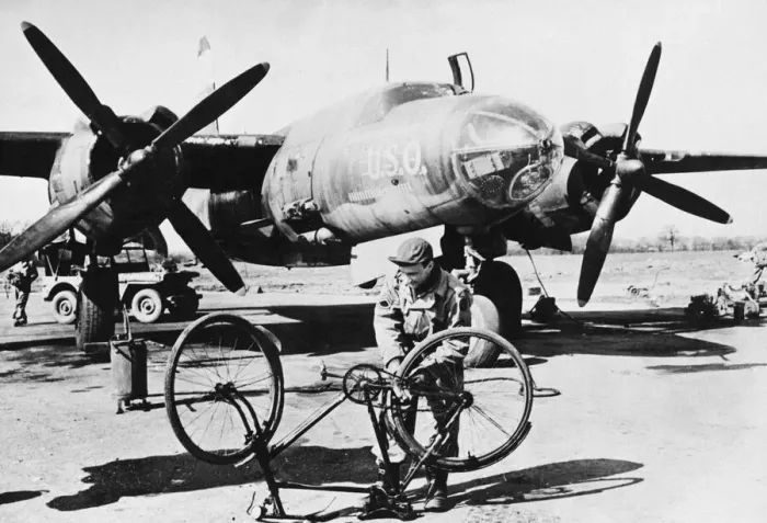 Framed Print : Ninth US Air Force mechanic with B-26 Marauder. May 26th 1944 Framed Print : Ninth US Air Force mechanic with B-26 Marauder. May 26th 1944