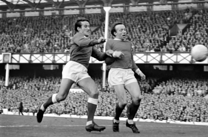 Framed Print : Nobby Stiles in action during the match between Manchester United and Everton