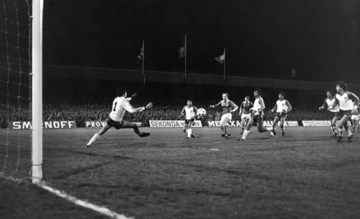 Framed Print : Noel Brotherston puts Israeli goalkeeper under pressure November 1981 Framed Print : Noel Brotherston puts Israeli goalkeeper under pressure November 1981