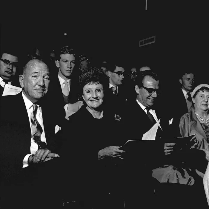 Framed Print : Noel Coward with Joyce Carey and Graham Payne at a special performance of his play
