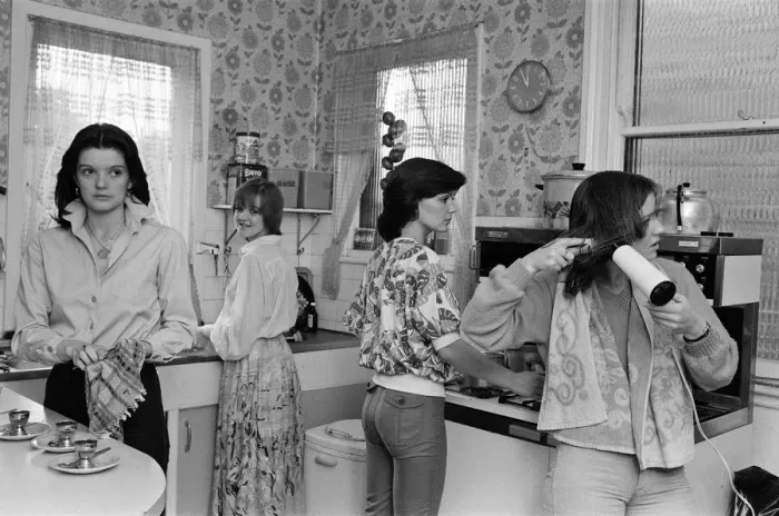 Framed Print : The Nolan sisters at home in Ilford. In the kitchen, Anne, Bernadette, Maureen and Linda Framed Print : The Nolan sisters at home in Ilford. In the kitchen, Anne, Bernadette, Maureen and Linda