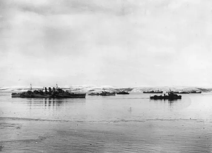 Framed Print : His Norfolk with British destroyers of the Royal Navy and Merchant ships in a Russian