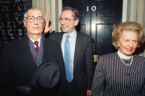 Norman Fowler, Secretary of State for Employment, with a waxwork of Mikhail Gorbachev
