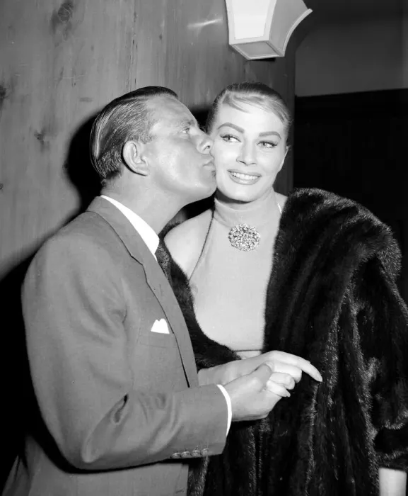 Framed Print : Norman Wisdom actor May 1956 Anita Ekberg actress at the Savoy Hotel