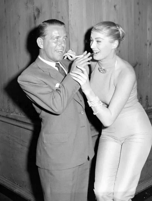 Framed Print : Norman Wisdom actor May 1956 Anita Ekberg actress at the Savoy Hotel