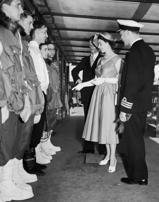 Framed Print : The Norwegian sealer Tottan, is inspected by The Queen at Tower Pier. 1st July 1952 Framed Print : The Norwegian sealer Tottan, is inspected by The Queen at Tower Pier. 1st July 1952