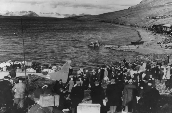 Framed Print : Norwegians being evacuated along with their luggage from the Svalbard Islands late one Framed Print : Norwegians being evacuated along with their luggage from the Svalbard Islands late one