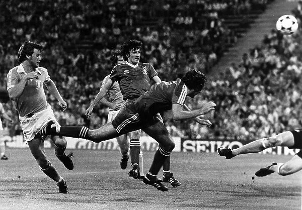 Nottingham Forest forward Trevor Francis scores the games only goal with a diving header