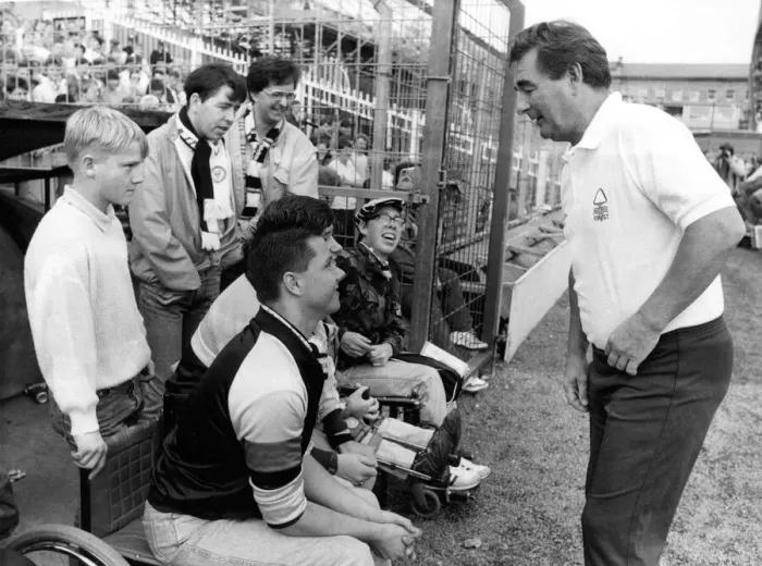 Framed Print : Nottingham Forest manager Brian Clough chats to Newcastle fans before the game 29 August Framed Print : Nottingham Forest manager Brian Clough chats to Newcastle fans before the game 29 August
