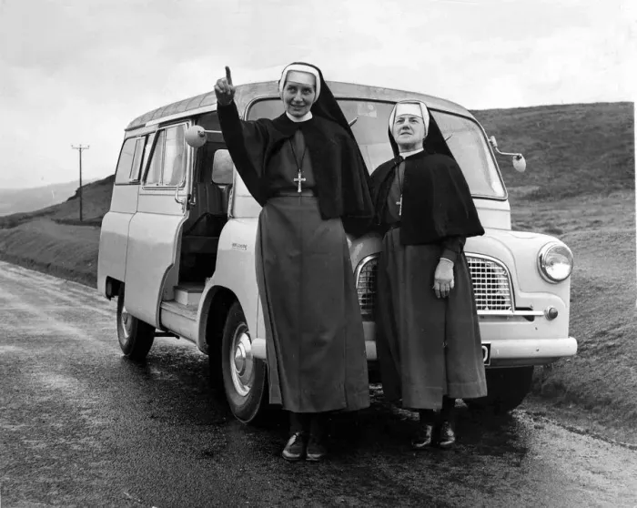 Framed Print : Nuns - Sister Louise and Sister Philomena stop to stretch their legs on a Mid-Wales road Framed Print : Nuns - Sister Louise and Sister Philomena stop to stretch their legs on a Mid-Wales road