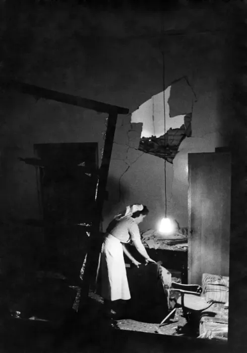 Framed Print : Nurse searching a blasted room during World War two. September 1944 P012282 Framed Print : Nurse searching a blasted room during World War two. September 1944 P012282