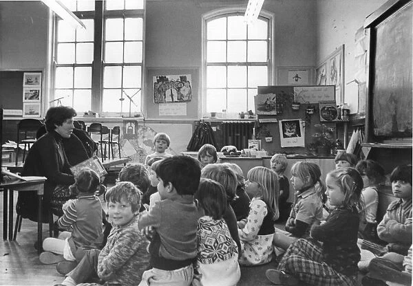 Nursery children listen to their teacher at North View School, Heaton, Newcastle, in 1983