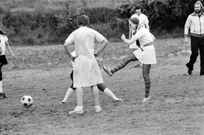 Framed Print : Nurses and Porters from Battle Hospital, Reading, take part in a game of football in Framed Print : Nurses and Porters from Battle Hospital, Reading, take part in a game of football in
