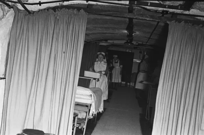 Framed Print : Nurses prepare the First Aid Post in Dover dug into the white cliffs. 22nd February 1945 Framed Print : Nurses prepare the First Aid Post in Dover dug into the white cliffs. 22nd February 1945