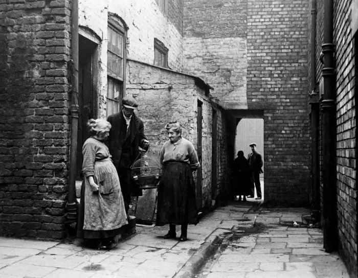 Framed Print : The occupiers of No 3 Court, Clayton Street, Liverpool, with their canary. 2nd March 1933 Framed Print : The occupiers of No 3 Court, Clayton Street, Liverpool, with their canary. 2nd March 1933