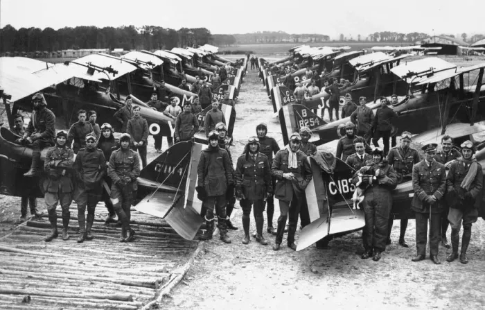 Framed Print : Officers and ground crew of No. 1 Squadron at Clairmarais Aerodrome, near St. Omer