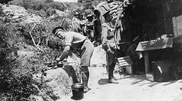 Officers mess on the Gallipoli peninsula. Dinner being prepared at the entrance to their