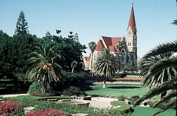 The old Lutheran church and gardens at Windhoek in Namibia circa 1980