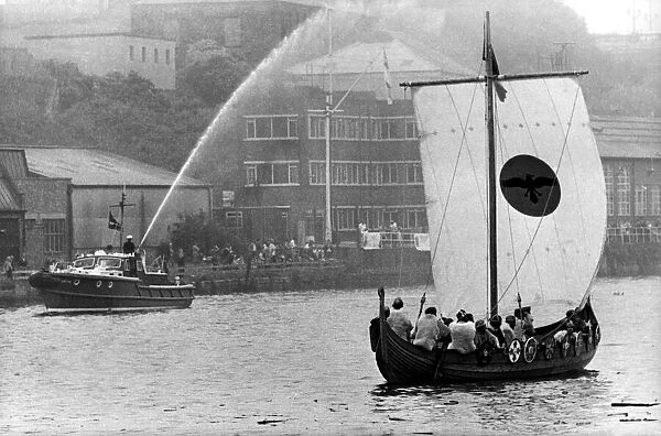 Old and New - A Fire boat and and Viking long boat on the river Tyne on 26th July 1980