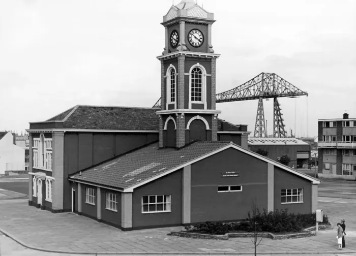 Framed Print : The Old Town Hall, St Hilda, with Tees Transporter Bridge in background, Middlesbrough Framed Print : The Old Town Hall, St Hilda, with Tees Transporter Bridge in background, Middlesbrough