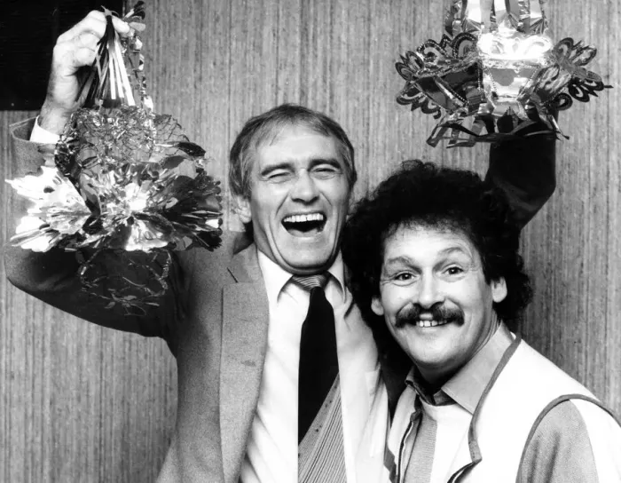 Framed Print : Oldham comics Cannon and Ball rehearse their Christmas show, December 1987 Framed Print : Oldham comics Cannon and Ball rehearse their Christmas show, December 1987