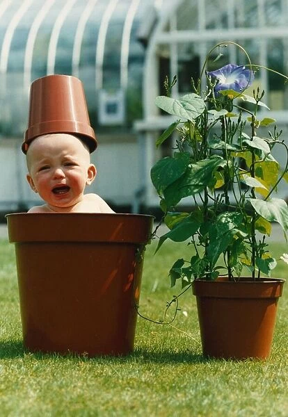 Oliver McNulty sits in a flower plant pot with a pot on top of head crying at
