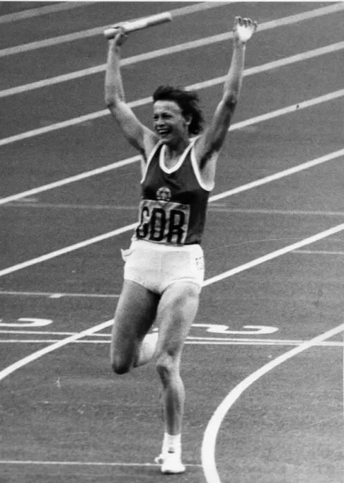 Framed Print : Olympic Games 1976 A delighted Christina Brehmer signals a win for East Germany in Framed Print : Olympic Games 1976 A delighted Christina Brehmer signals a win for East Germany in