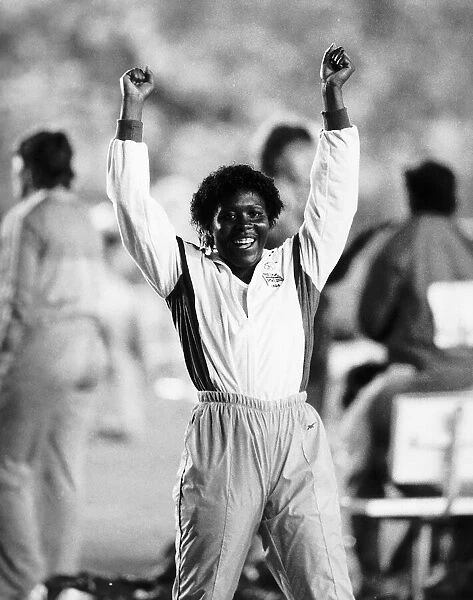 Olympic Games 1984 Athlete Tessa Sanderson Gold Medalist in Javerlin with arms in air