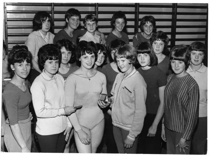 Framed Print : Olympic gymnast Denise Goddard, centre, was presented with a travelling clock by Cardiff Framed Print : Olympic gymnast Denise Goddard, centre, was presented with a travelling clock by Cardiff
