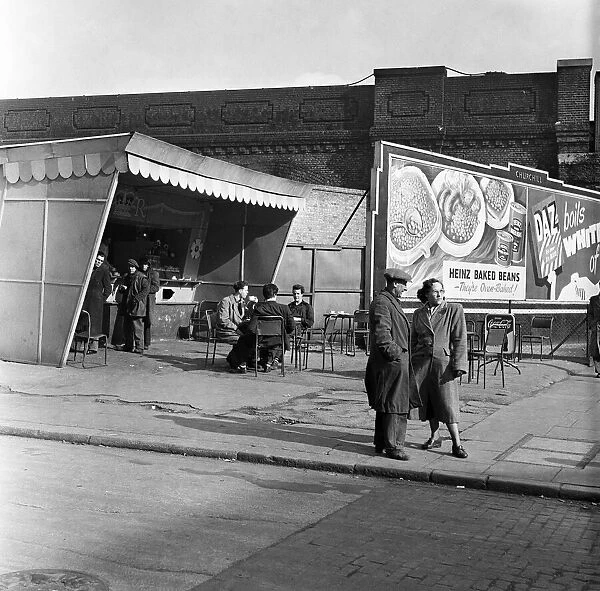 Open-air cafe on New Kent Road. 8th March 1954