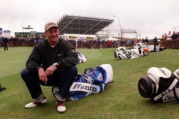 Open Golf Championship Birkdale 1998 Ross Drummond sits on Mazuno bag during practice day