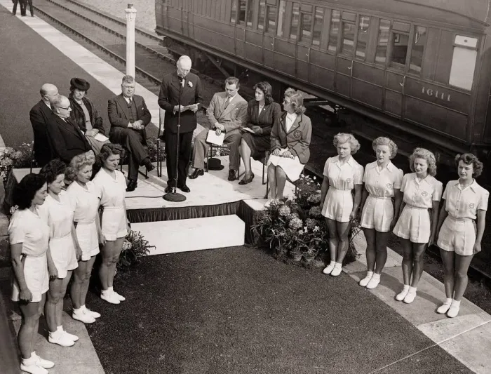 Framed Print : Opening of Holiday Camp Station. Lord Middleton speaking at the opening of railway of