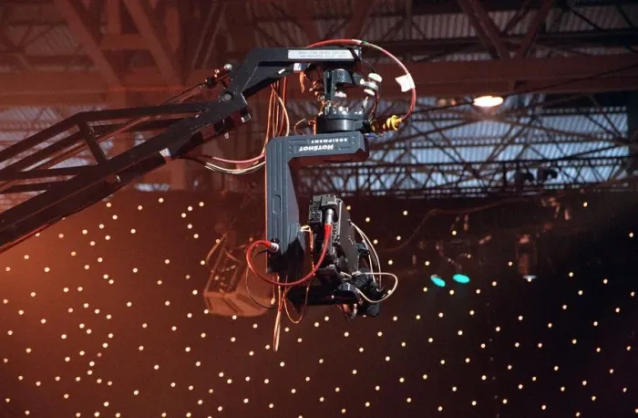 Framed Print : Overhead Boom Television Camera at the Tomorrows World Studios NEC Birmingham Framed Print : Overhead Boom Television Camera at the Tomorrows World Studios NEC Birmingham