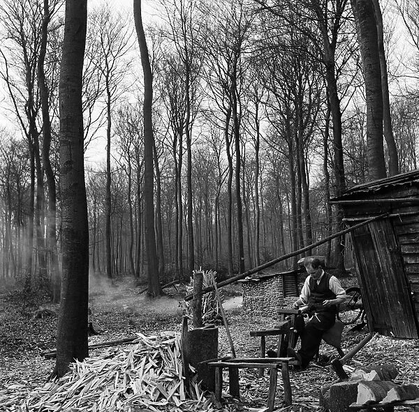 Owen Dean shaping Beechwood chair legs by his hut in the Buckinghamshire woods