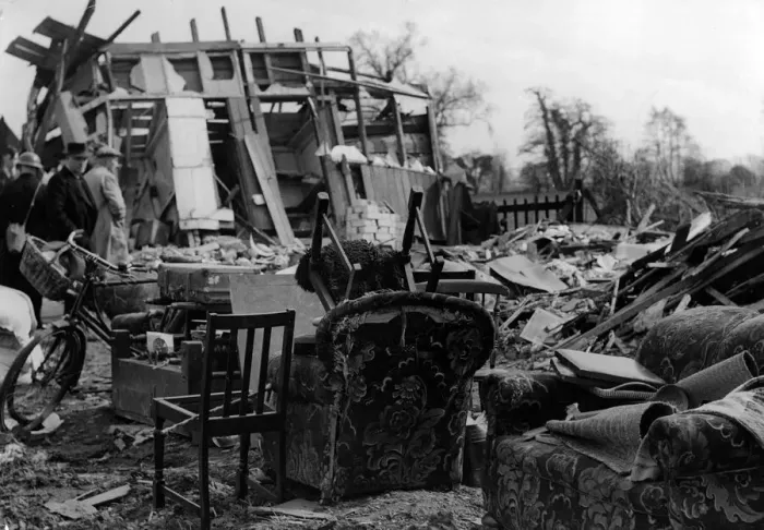 Framed Print : The owners of these chairs and settee were killed in a blitz which destroyed army huts Framed Print : The owners of these chairs and settee were killed in a blitz which destroyed army huts