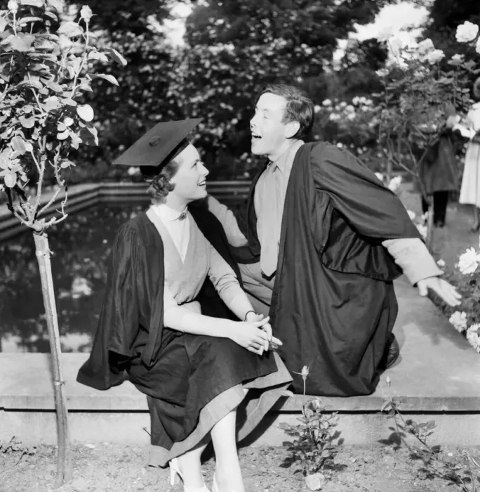 Framed Print : At Oxford a couple celebrate after graduation ceremony. June 1952 C3120 Framed Print : At Oxford a couple celebrate after graduation ceremony. June 1952 C3120