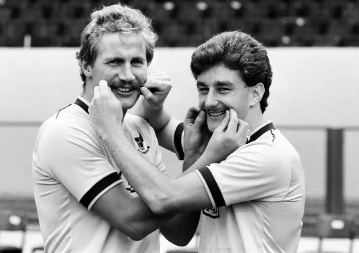 Framed Print : Oxford United footballer John Aldridge (right) with a teammate during a pre season Framed Print : Oxford United footballer John Aldridge (right) with a teammate during a pre season
